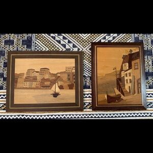 2 Marquetry Italian Wood Inlay Wall Art